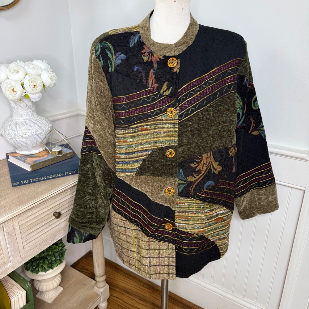 Entice Womens XL Patchwork Jacket Chenille Velvet Tapestry Boho Olive Black